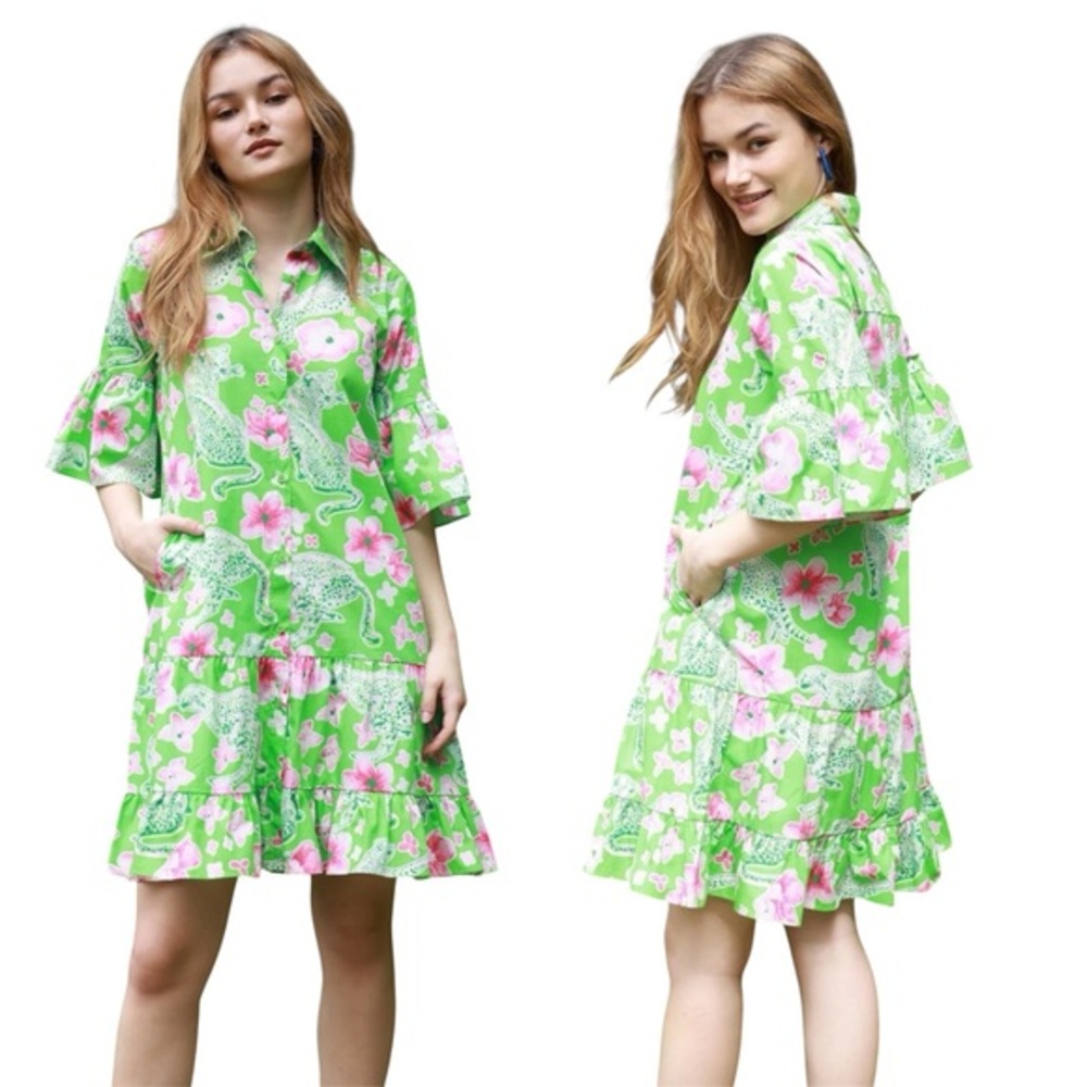 Maude Vivante cheetah floral Zara dress green pink tiered mini button front XL